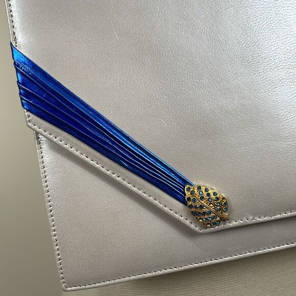 Raphael Salato Vintage Leather Flap Bag Clutch 70s White Blue Crystal Leaf - Picture 2 of 11